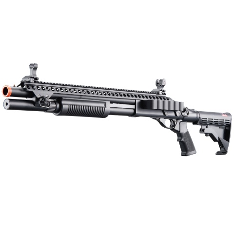 Golden Eagle M8874 3/6-Shot Pump Action CO2 Airsoft Shotgun w/ Flip Up Sights, Picatinny Rail & M4 Crane Stock