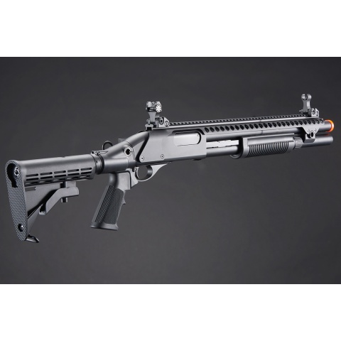 Golden Eagle M8874 3/6-Shot Pump Action CO2 Airsoft Shotgun w/ Flip Up Sights, Picatinny Rail & M4 Crane Stock