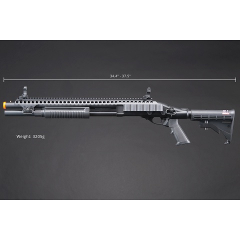 Golden Eagle M8874 3/6-Shot Pump Action CO2 Airsoft Shotgun w/ Flip Up Sights, Picatinny Rail & M4 Crane Stock