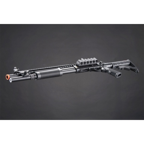Golden Eagle M8874 3/6-Shot Pump Action CO2 Airsoft Shotgun w/ Flip Up Sights, Picatinny Rail & M4 Crane Stock