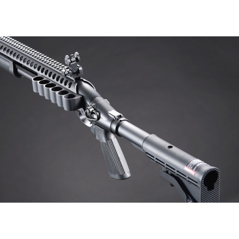 Golden Eagle M8874 3/6-Shot Pump Action CO2 Airsoft Shotgun w/ Flip Up Sights, Picatinny Rail & M4 Crane Stock