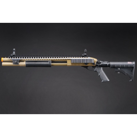 Golden Eagle M8874 3/6-Shot Pump Action CO2 Airsoft Shotgun w/ Flip Up Sights, Picatinny Rail & M4 Crane Stock