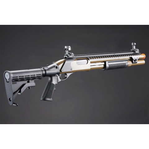 Golden Eagle M8874 3/6-Shot Pump Action CO2 Airsoft Shotgun w/ Flip Up Sights, Picatinny Rail & M4 Crane Stock