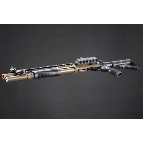 Golden Eagle M8874 3/6-Shot Pump Action CO2 Airsoft Shotgun w/ Flip Up Sights, Picatinny Rail & M4 Crane Stock
