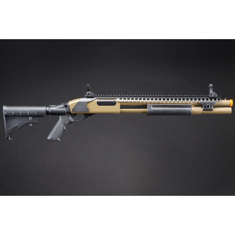 Golden Eagle M8874 3/6-Shot Pump Action Gas Airsoft Shotgun w/ Flip Up Sights, Picatinny Rail & M4 Crane Stock