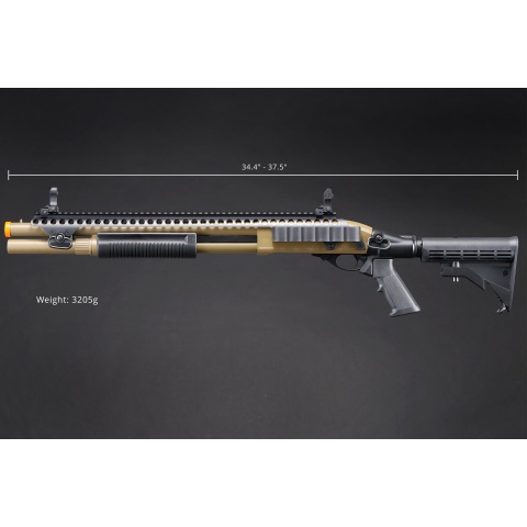 Golden Eagle M8874 3/6-Shot Pump Action Gas Airsoft Shotgun w/ Flip Up Sights, Picatinny Rail & M4 Crane Stock