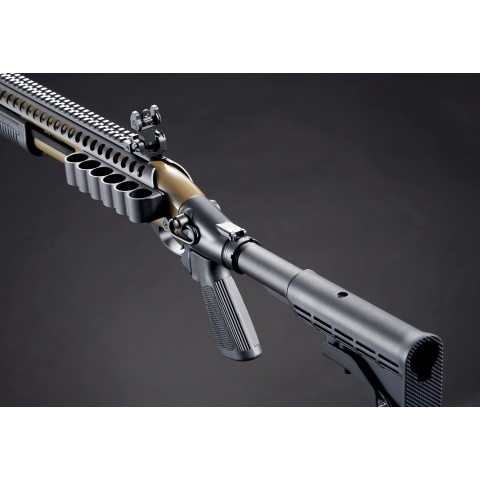 Golden Eagle M8874 3/6-Shot Pump Action Gas Airsoft Shotgun w/ Flip Up Sights, Picatinny Rail & M4 Crane Stock