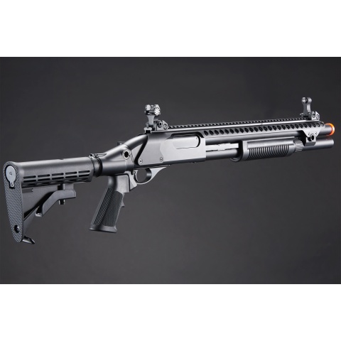 Golden Eagle M8874 3/6-Shot Pump Action Gas Airsoft Shotgun w/ Flip Up Sights, Picatinny Rail & M4 Crane Stock