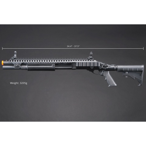 Golden Eagle M8874 3/6-Shot Pump Action Gas Airsoft Shotgun w/ Flip Up Sights, Picatinny Rail & M4 Crane Stock