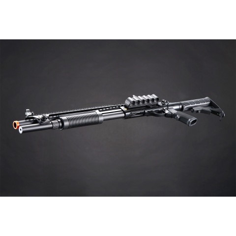 Golden Eagle M8874 3/6-Shot Pump Action Gas Airsoft Shotgun w/ Flip Up Sights, Picatinny Rail & M4 Crane Stock