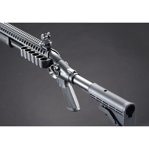 Golden Eagle M8874 3/6-Shot Pump Action Gas Airsoft Shotgun w/ Flip Up Sights, Picatinny Rail & M4 Crane Stock