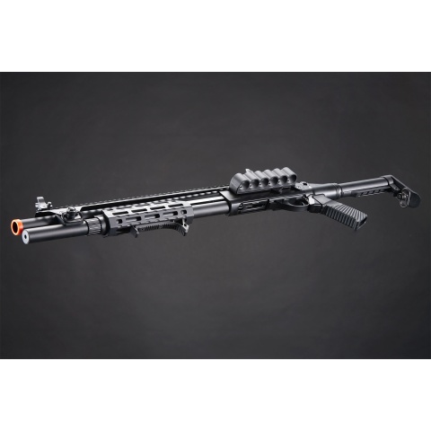 Golden Eagle M8875 3/6-Shot Pump Action CO2 Airsoft Shotgun w/ Flip Up Sights, M-LOK, Picatinny Rail & M4 Buffer Stock