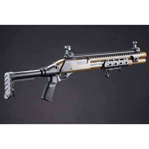 Golden Eagle M8875 3/6-Shot Pump Action CO2 Airsoft Shotgun w/ Flip Up Sights, M-LOK, Picatinny Rail & M4 Buffer Stock