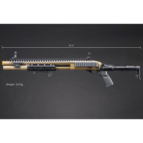 Golden Eagle M8875 3/6-Shot Pump Action CO2 Airsoft Shotgun w/ Flip Up Sights, M-LOK, Picatinny Rail & M4 Buffer Stock