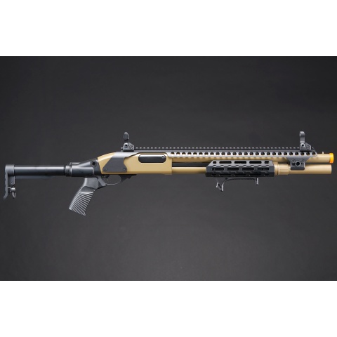 Golden Eagle M8875 3/6-Shot Pump Action Gas Airsoft Shotgun w/ Flip Up Sights, M-LOK, Picatinny Rail & M4 Buffer Stock
