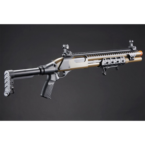 Golden Eagle M8875 3/6-Shot Pump Action Gas Airsoft Shotgun w/ Flip Up Sights, M-LOK, Picatinny Rail & M4 Buffer Stock