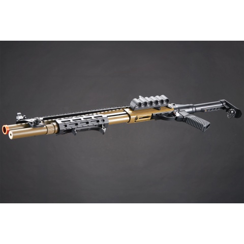Golden Eagle M8875 3/6-Shot Pump Action Gas Airsoft Shotgun w/ Flip Up Sights, M-LOK, Picatinny Rail & M4 Buffer Stock