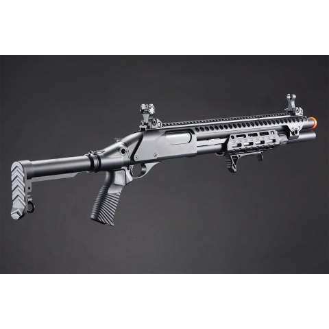 Golden Eagle M8875 3/6-Shot Pump Action Gas Airsoft Shotgun w/ Flip Up Sights, M-LOK, Picatinny Rail & M4 Buffer Stock