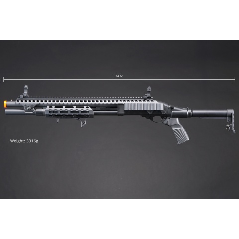Golden Eagle M8875 3/6-Shot Pump Action Gas Airsoft Shotgun w/ Flip Up Sights, M-LOK, Picatinny Rail & M4 Buffer Stock