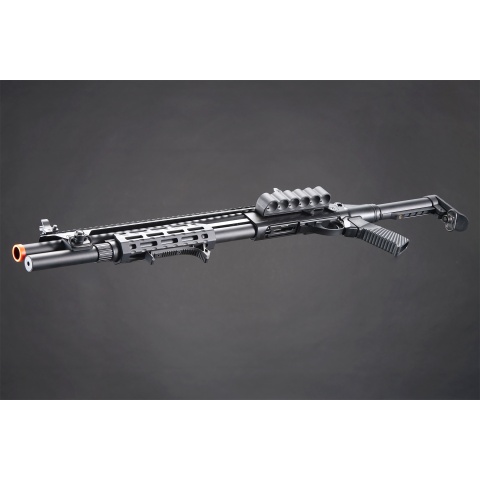 Golden Eagle M8875 3/6-Shot Pump Action Gas Airsoft Shotgun w/ Flip Up Sights, M-LOK, Picatinny Rail & M4 Buffer Stock
