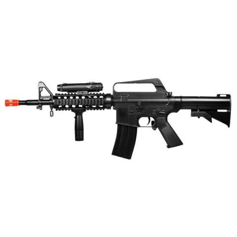Well M16A4 Style M4 RIS Spring Airsoft Rifle w/ Flashlight, Laser, Vertical Foregrip & Retractable Stock - (Black)