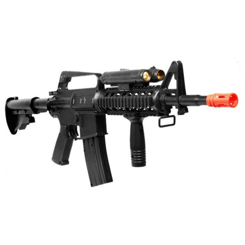 Well M16A4 Style M4 RIS Spring Airsoft Rifle w/ Flashlight, Laser, Vertical Foregrip & Retractable Stock - (Black)