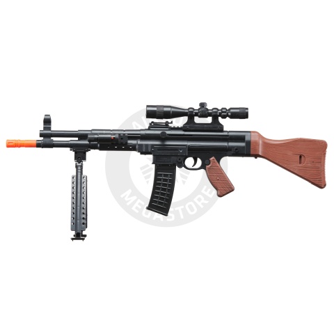 AMA MP44 Spring Airsoft Rifle w/ Bipod, Scope, Laser (Color: Black / Faux Wood)