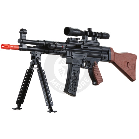 AMA MP44 Spring Airsoft Rifle w/ Bipod, Scope, Laser (Color: Black / Faux Wood)