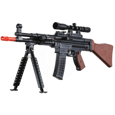 AMA MP44 Spring Airsoft Rifle w/ Bipod, Scope, Laser (Color: Black / Faux Wood)