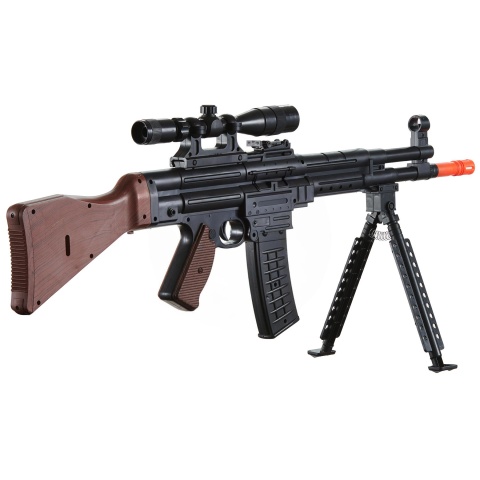 AMA MP44 Spring Airsoft Rifle w/ Bipod, Scope, Laser (Color: Black / Faux Wood)