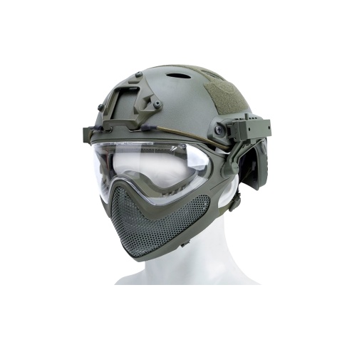 G-Force Pilot Full Face Helmet w/ Steel Mesh Face Guard (Color: OD Green)