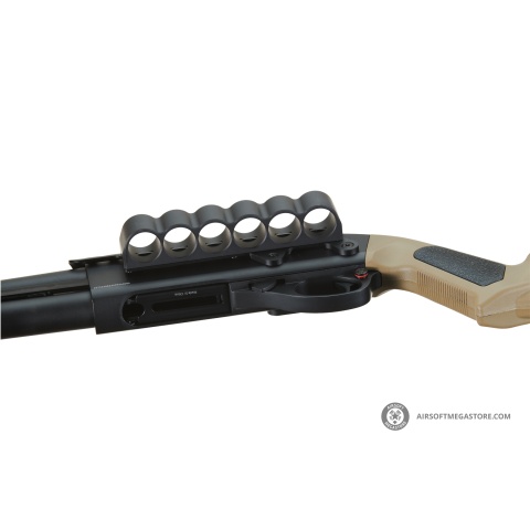 Golden Eagle Airsoft M870 MP M-LOK Style 3/6-Shot Pump Action Gas Shotgun - Tan with Shell Holder