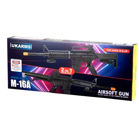 UK Arms M-16A Spring Powered Rifle with 2 Magazines and 2 Stocks (Color: Black)