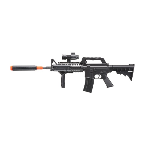 WELL M4 Airsoft Spring Rifle w/ Scope, Grip, Laser, Extension - BLACK