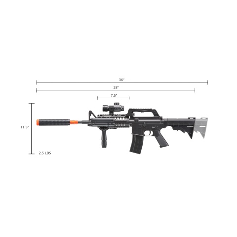 WELL M4 Airsoft Spring Rifle w/ Scope, Grip, Laser, Extension - BLACK