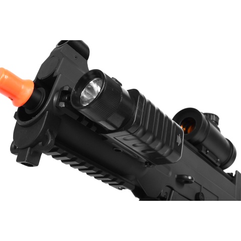 390 FPS DE Full Metal Gearbox Tactical SMG-45 Airsoft AEG Rifle w/ Tactical Flashlight and Red Dot Scope PACKAGE