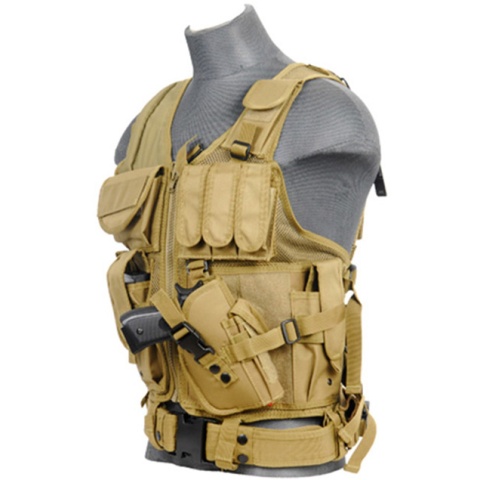 Lancer Tactical Polyester Crossdraw Vest w/ Pistol Holster - KHAKI
