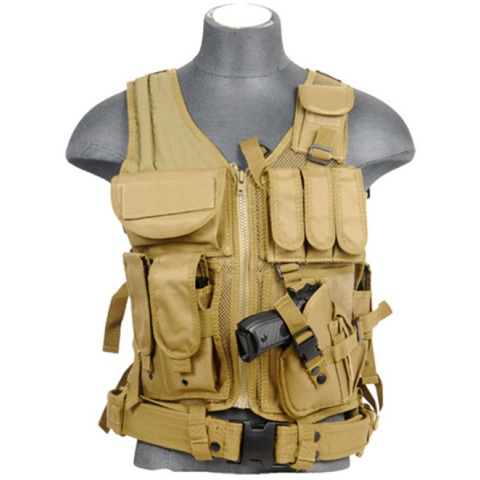 Lancer Tactical Polyester Crossdraw Vest w/ Pistol Holster - KHAKI