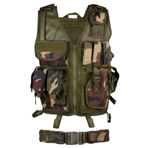 AMA Airsoft Cross-Draw Military Vest w/ Tactical Belt - WOODLAND