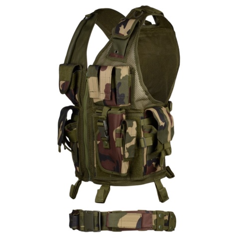 AMA Airsoft Cross-Draw Military Vest w/ Tactical Belt - WOODLAND