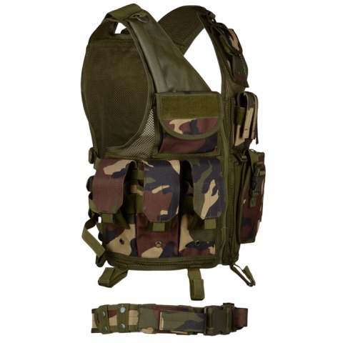 AMA Airsoft Cross-Draw Military Vest w/ Tactical Belt - WOODLAND
