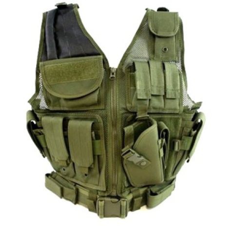 AMA Airsoft Cross-Draw Military Vest w/ Tactical Belt - OD GREEN