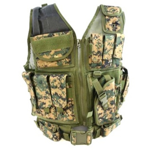 AMA Airsoft Cross-Draw Military Vest w/ Tactical Belt - DIGITAL WOODLAND