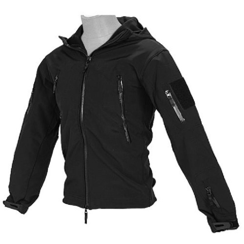 Lancer Tactical Airsoft Soft Shell Jacket w/ Hood - BLACK - SMALL