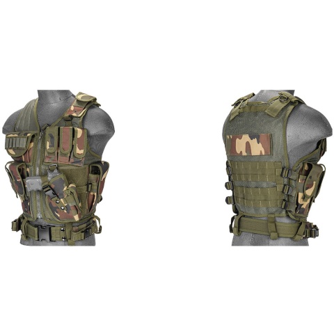 Lancer Tactical Airsoft Cross Draw Combat Vest w/ Holster - WOODLAND