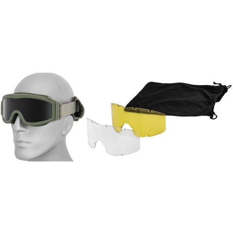 Lancer Tactical Airsoft Goggles  w/ 3 - Lens Kit - OLIVE DRAB GREEN