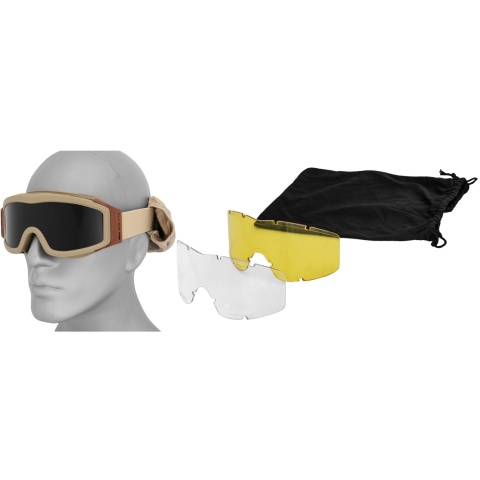 Lancer Tactical CA-203T Airsoft Goggles - OD TAN Frame w/ 3 - Lens Kit