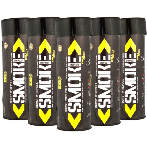 Enola Gaye Pack of 5 Twin Vent Burst High Output Airsoft Wire Pull Smoke Grenade (Color: Yellow)