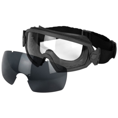 UK Arms Airsoft Tactical Clear/Smoke Lens Goggle Set - BLACK