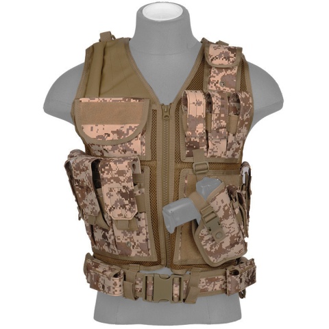 Lancer Tactical Airsoft Cross Draw Combat Vest w/ Holster - DESERT DIGITAL